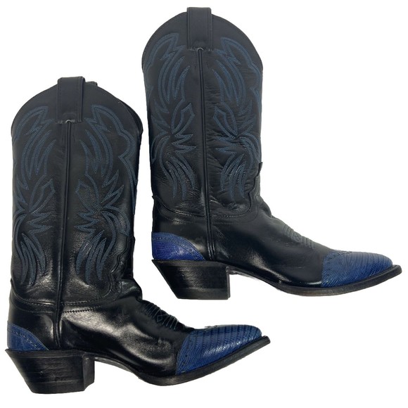Justin Boots Shoes - Justin Women Size 5.5 Blue Black Leather Western Cowgirl Boots Shoes For Women
